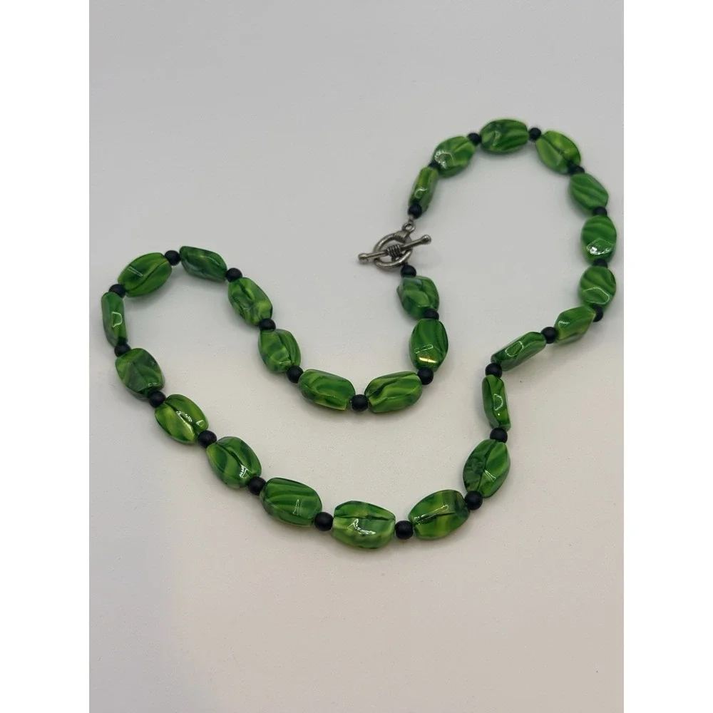Artisan Glass Beaded Necklace Green Swirl Toggle Clasp 16